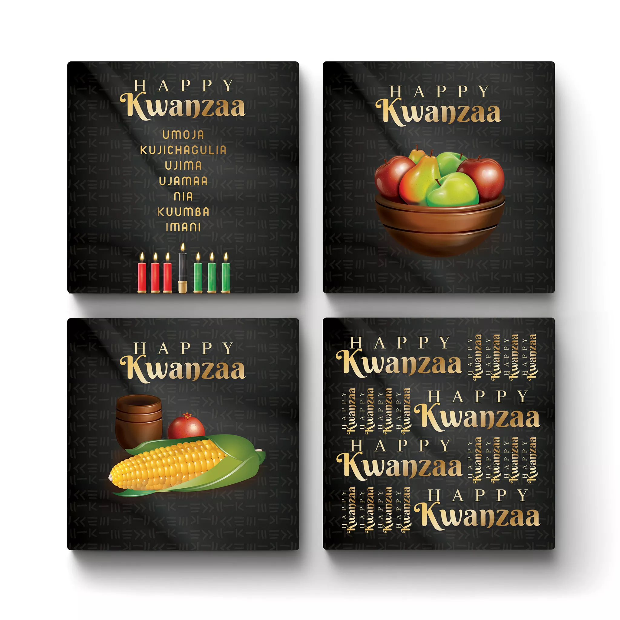 Ceramic-Square-Coasters-Holidays-Kwanzaa-Gold-Set-of-4 Kwanzaa Celebration Series - Gold | Ceramic Coaster Set - Image 1