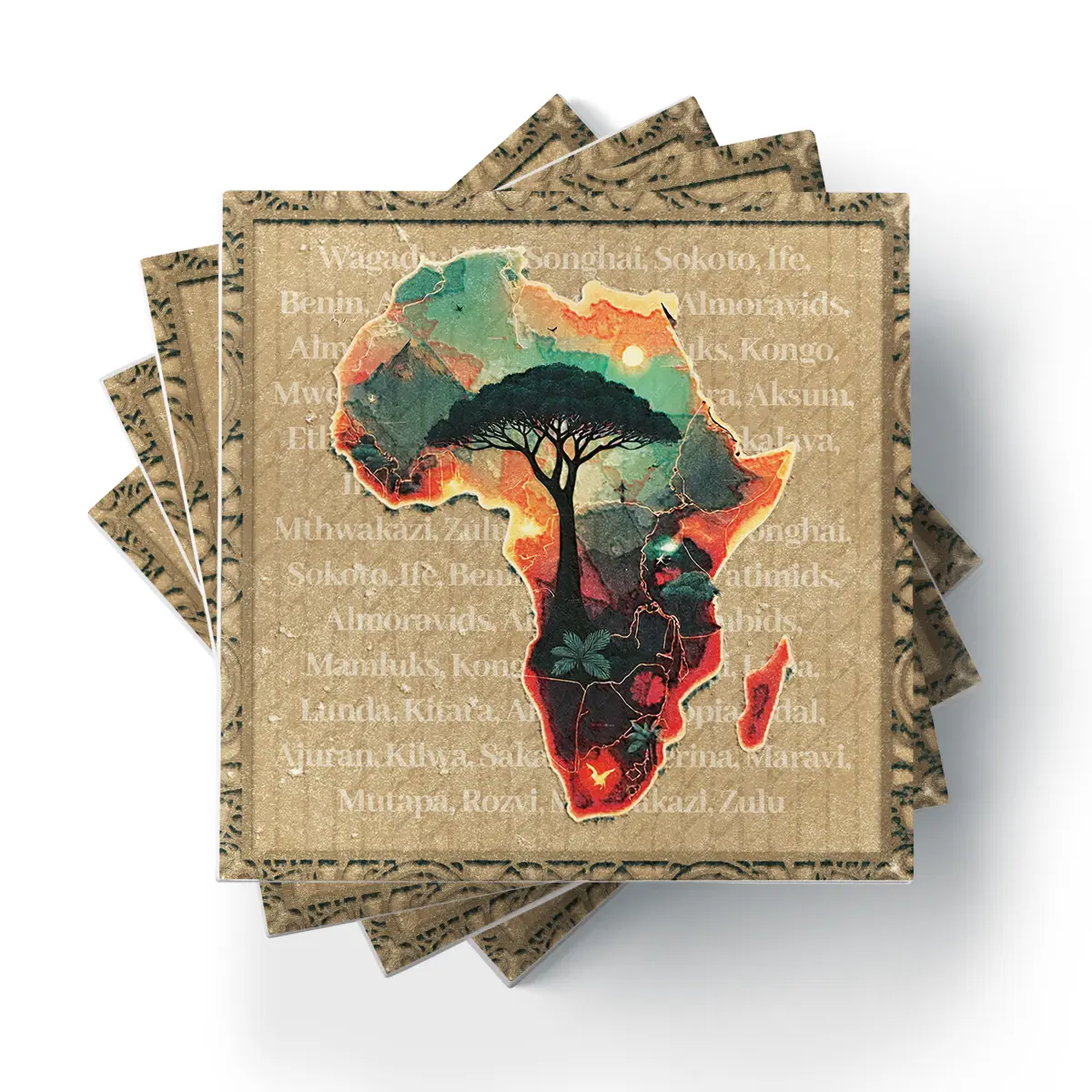 1Africa - The Artistic Map v1-Square-Ceramic-Tile-Coasters-No4mat Africa - The Artistic Map v.1 | Square Tile Coasters - Image 1