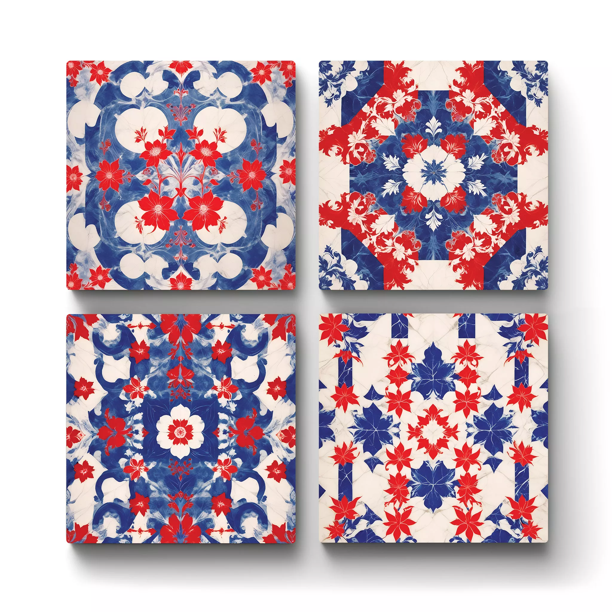 Red-Blue-Floral-Pattern-Main-Square-Ceramic-Tile-Coasters-No4mat Red Blue Floral Pattern | Square Tile Coasters - Image 1