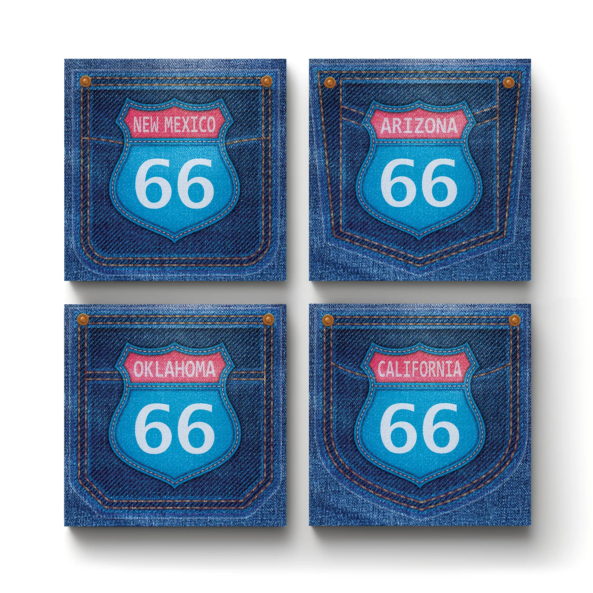 Route 66 Denim States Collection - A-1-Square-Ceramic-Tile-Coasters-No4mat Route 66 Denim States Collection v.1 | Square Tile Coasters - Image 1