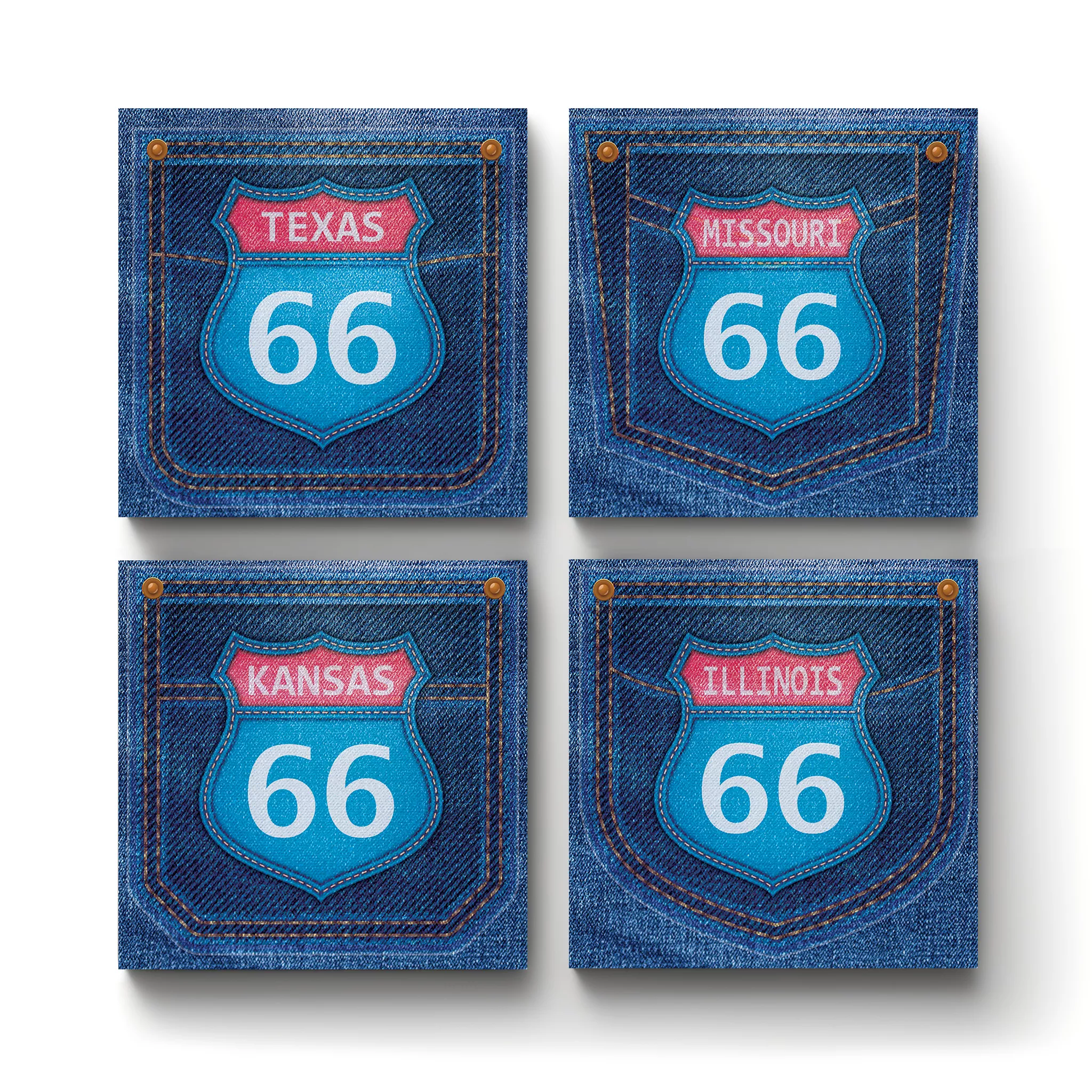 Route 66 Denim States Collection v.2-E-1-Square-Ceramic-Tile-Coasters-No4mat Route 66 Denim States Collection v.2 | Square Tile Coasters - Image 1