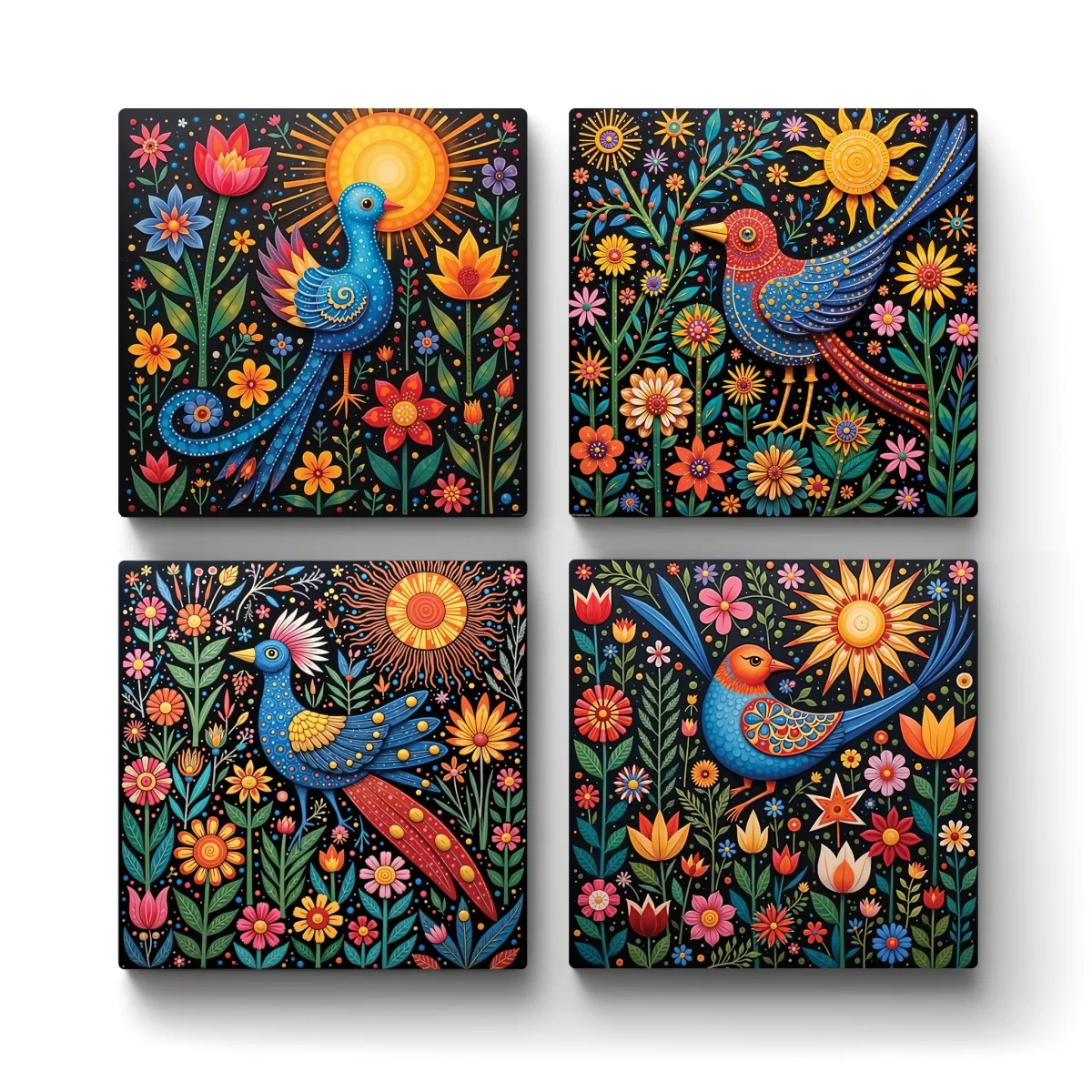 Bird Folk Art Designs | Square Tile Coasters - Image 1