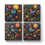 Bird Folk Art Designs | Square Tile Coasters