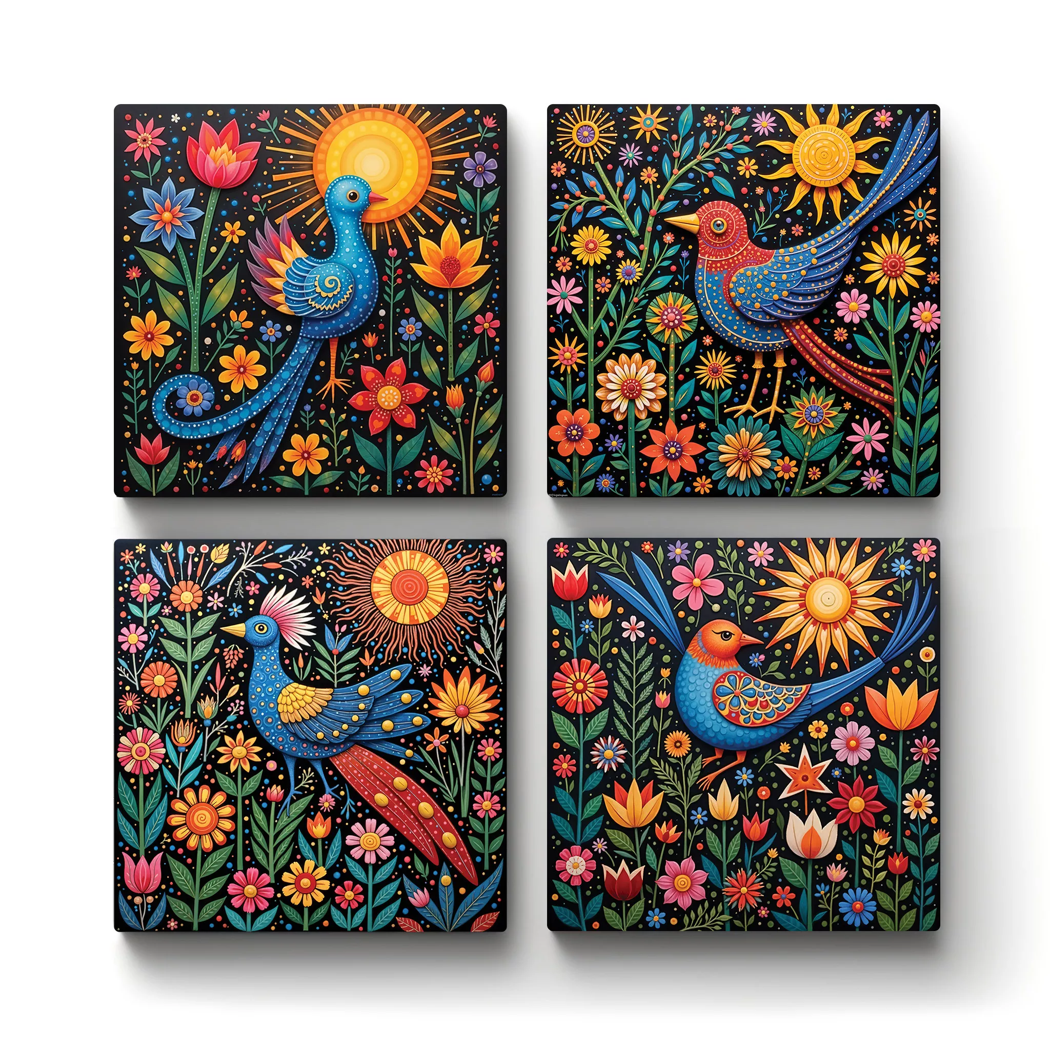 Square-Ceramic-Tile-Coaster-Bird-Folk-Art-Designs-Square-Ceramic-Tile-Coasters-No4mat Bird Folk Art Designs | Square Tile Coasters - Image 1