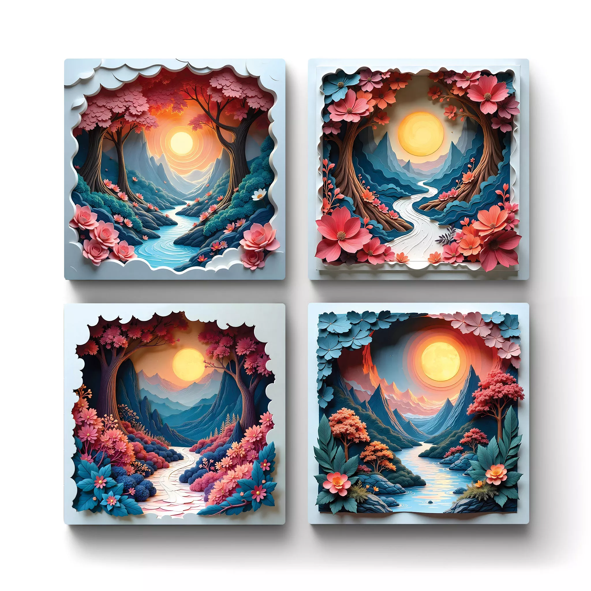 Square-Ceramic-Tile-Coaster-Floral-Paper-Cut-Mountains-Main-Square-Ceramic-Tile-Coasters-No4mat Floral Paper Cut Mountains | Square Tile Coasters - Image 1