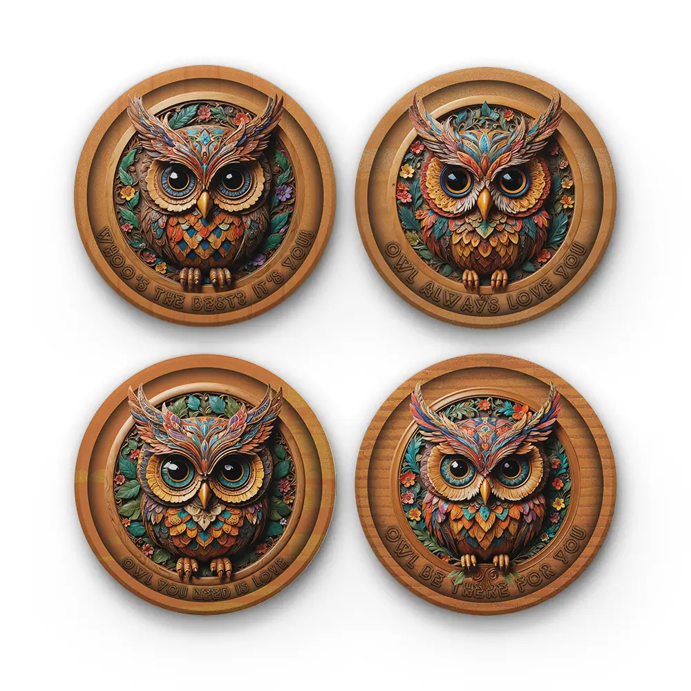 The Cute Owl-A-CRMC-Coaster-RND-No4mat-36-1mai The Cute Owl | Round Tile Coasters - Image 1