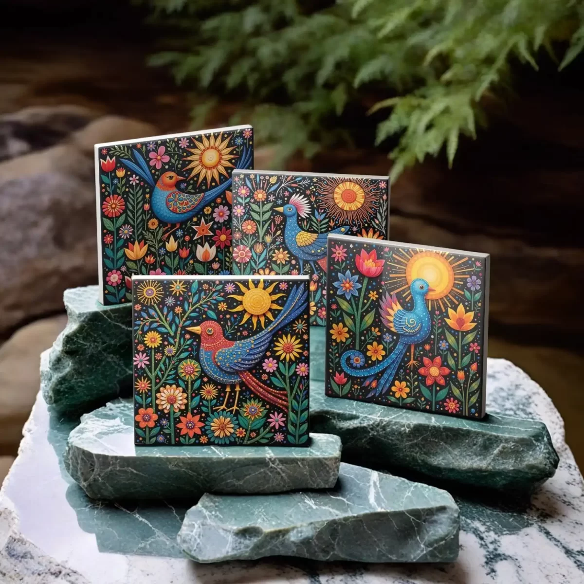 Bird Folk Art Designs | Square Tile Coasters - Image 4