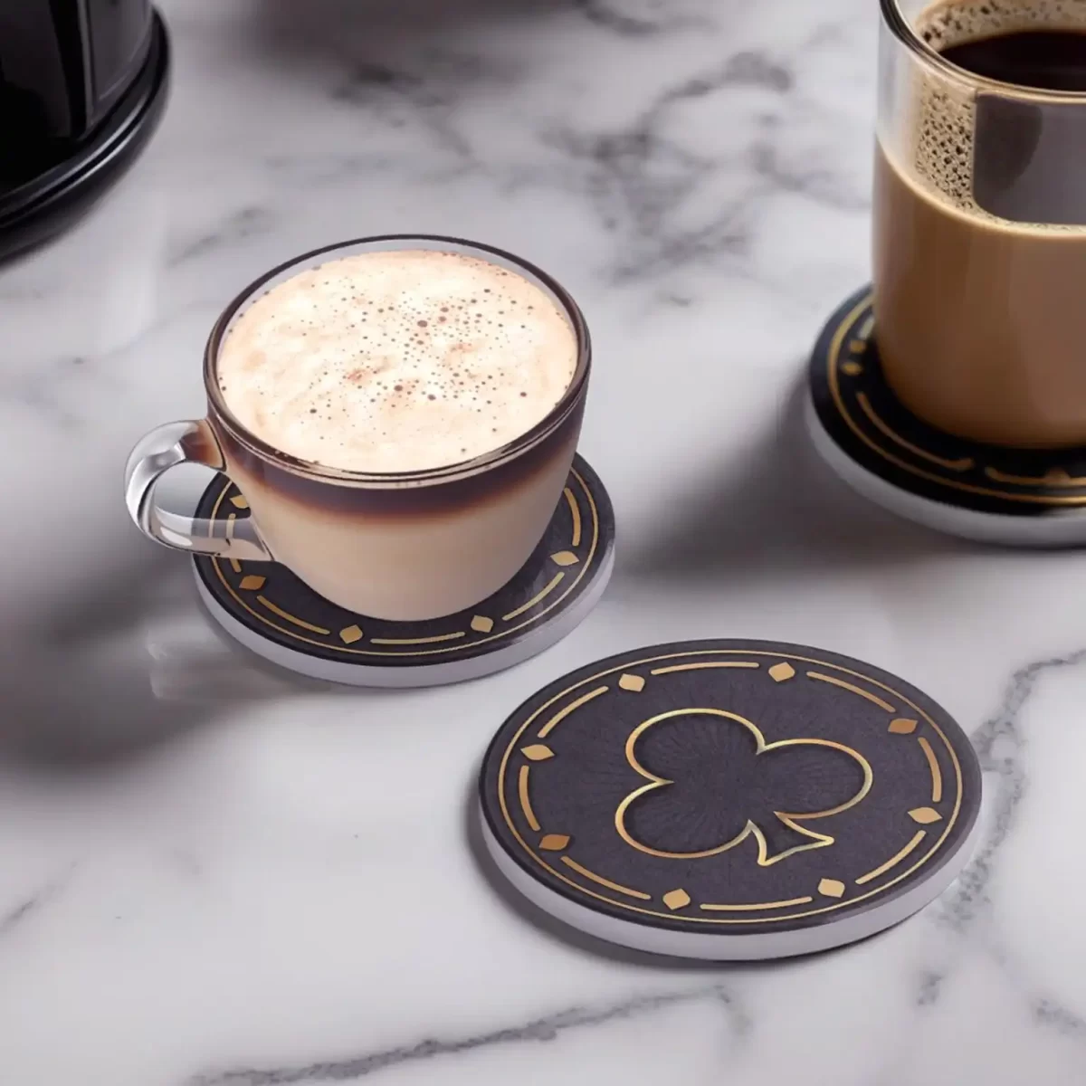 Casino Playing Card Gold Symbols v.3 (Black) | Round Tile Coasters - Image 2