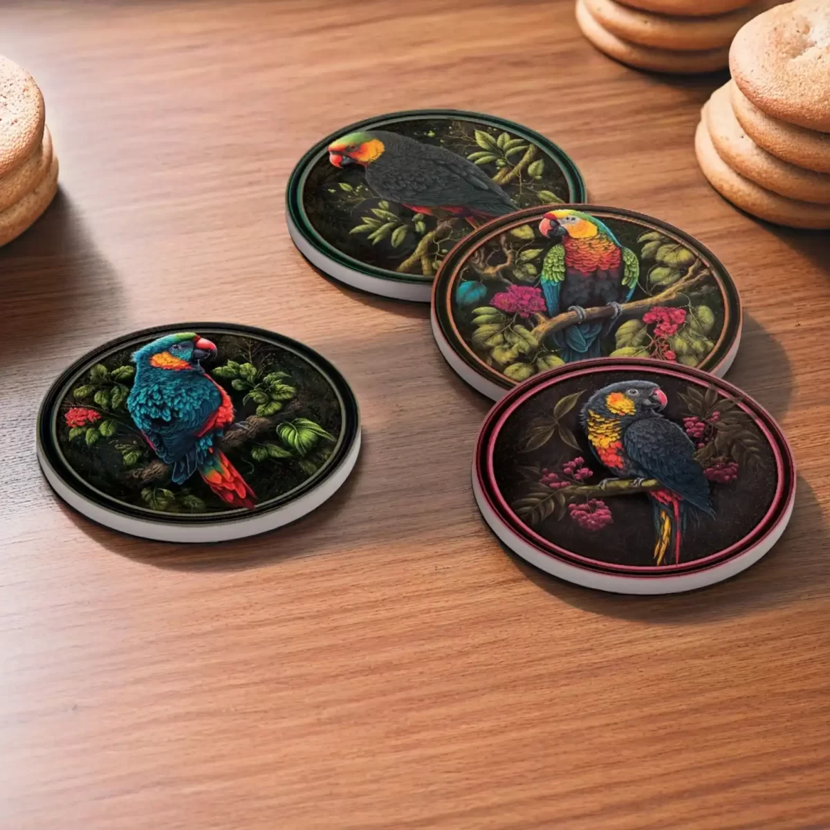 Colorful Parrots | Round Tile Coasters - Image 4