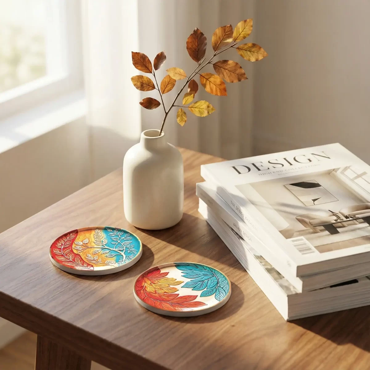 Leaves in a Plate | Round Tile Coasters - Image 2