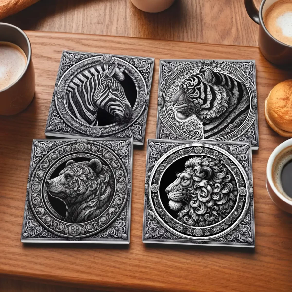 Monochrome Animals v.1 | Square Tile Coasters - Image 4