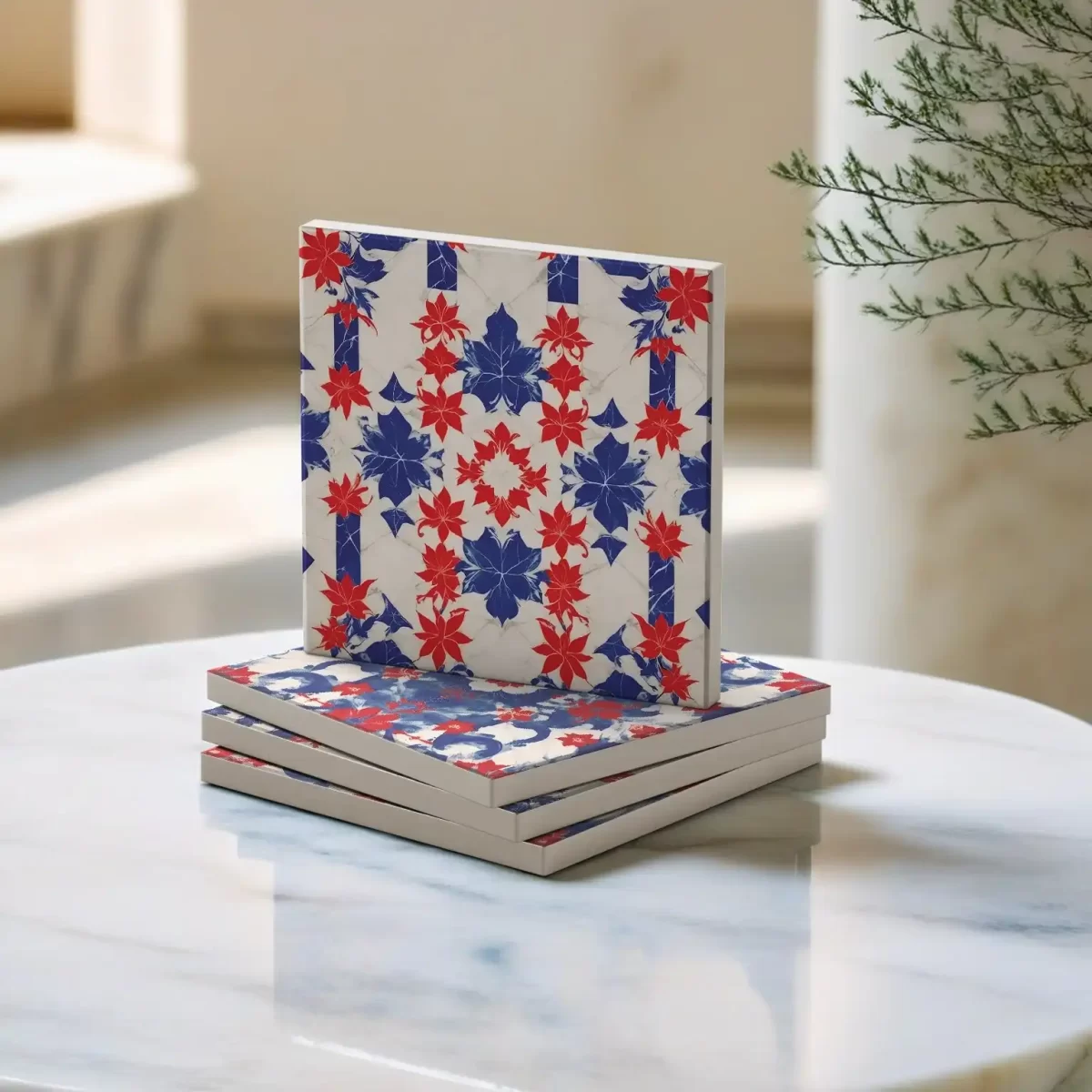 Red Blue Floral Pattern | Square Tile Coasters - Image 2