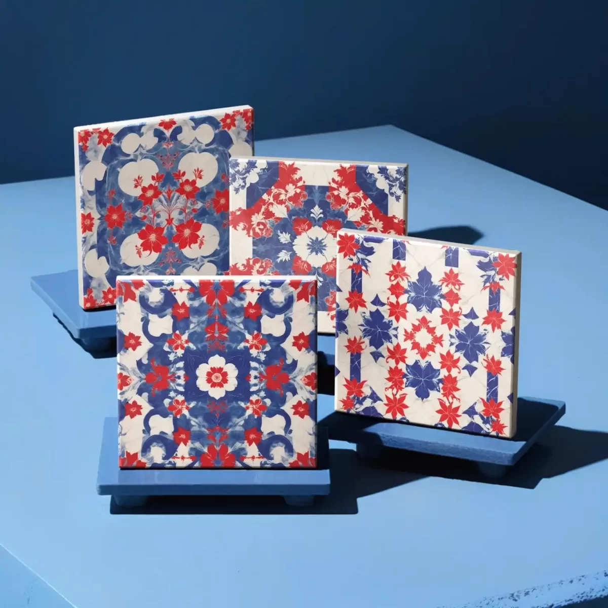 Red Blue Floral Pattern | Square Tile Coasters - Image 4