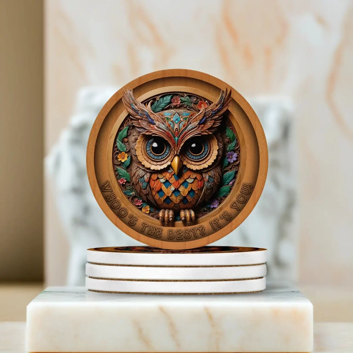 The Cute Owl | Round Tile Coasters - Image 2