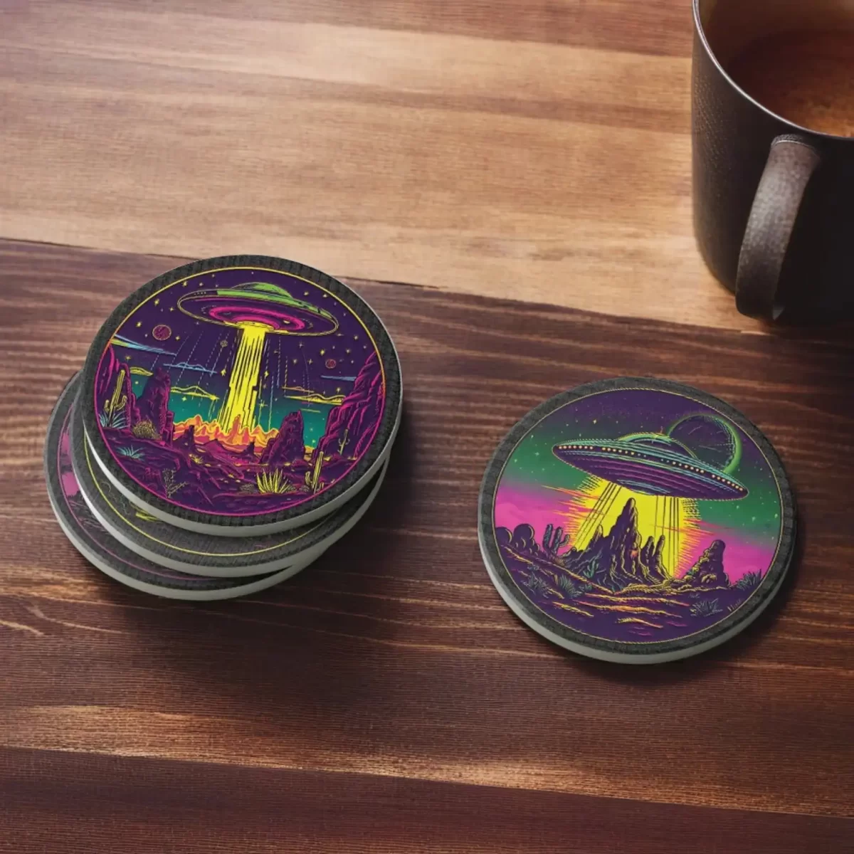 Luminous UFOs | Round Tile Coasters - Image 4