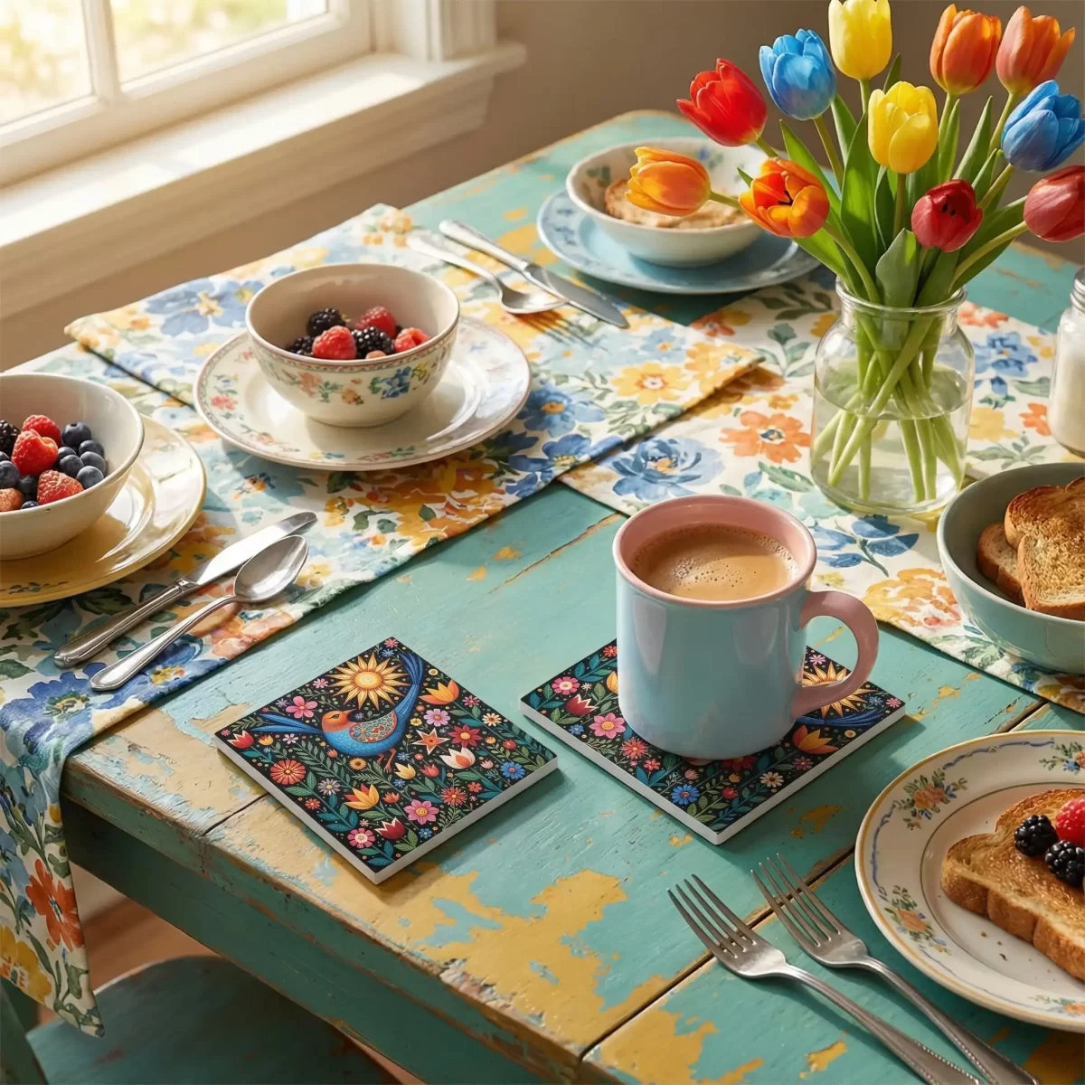 Bird Folk Art Designs | Square Tile Coasters - Image 2