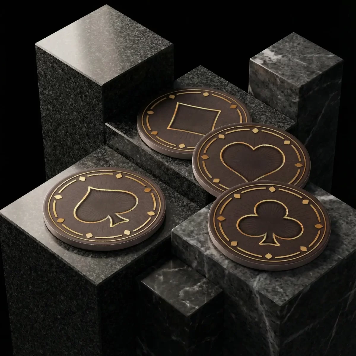Casino Playing Card Gold Symbols v.3 (Black) | Round Tile Coasters - Image 4