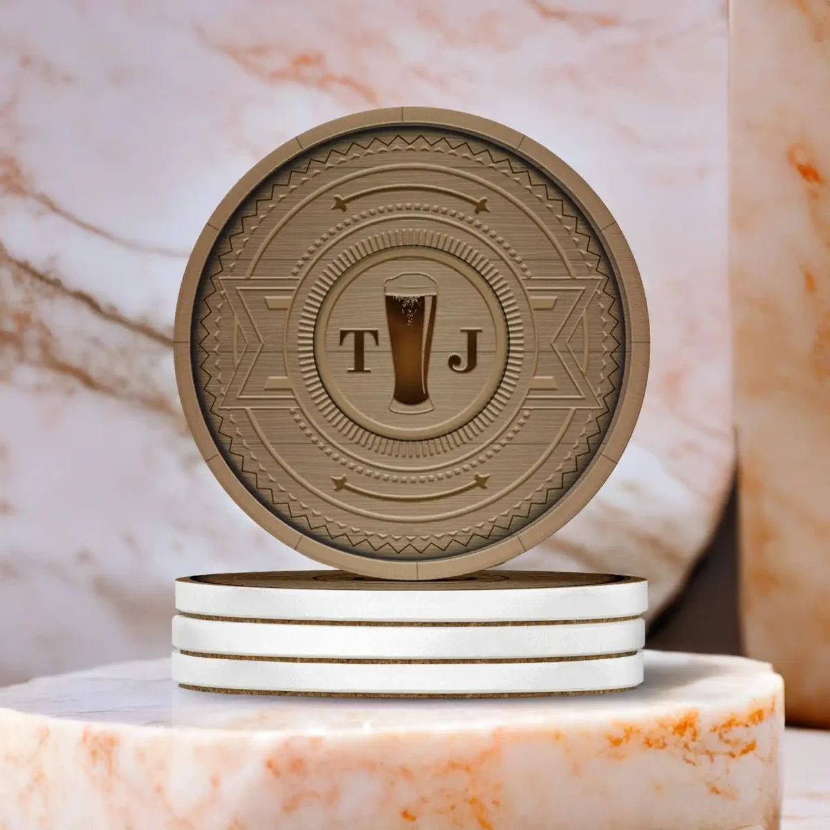 Wooden Barrel (Custom Initials) | Round Tile Coasters - Image 2